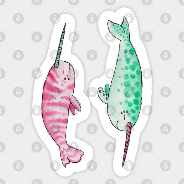 Chill Pastel Pink and Mint Narwhals in Watercolor Sticker by narwhalwall